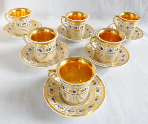 Service à café complet pour 8, porcelaine dorée et bleue, époque Empire Restauration - 11 pièces