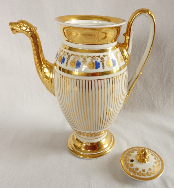 Service à café complet pour 8, porcelaine dorée et bleue, époque Empire Restauration - 11 pièces