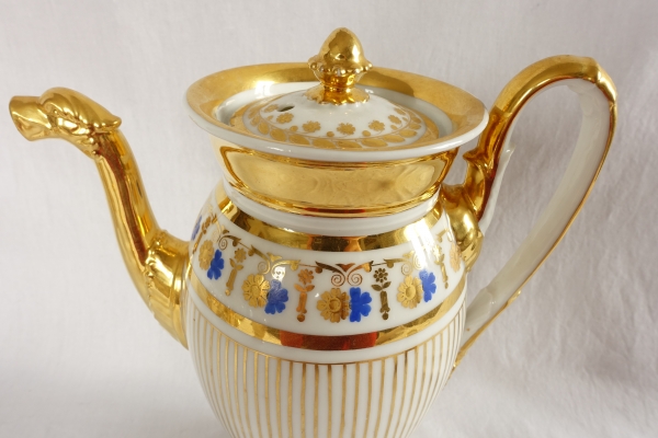 Service à café complet pour 8, porcelaine dorée et bleue, époque Empire Restauration - 11 pièces