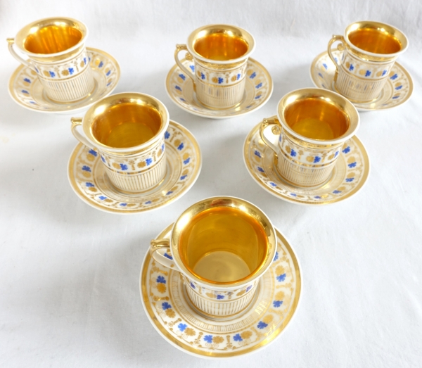 Service à café complet pour 8, porcelaine dorée et bleue, époque Empire Restauration - 11 pièces