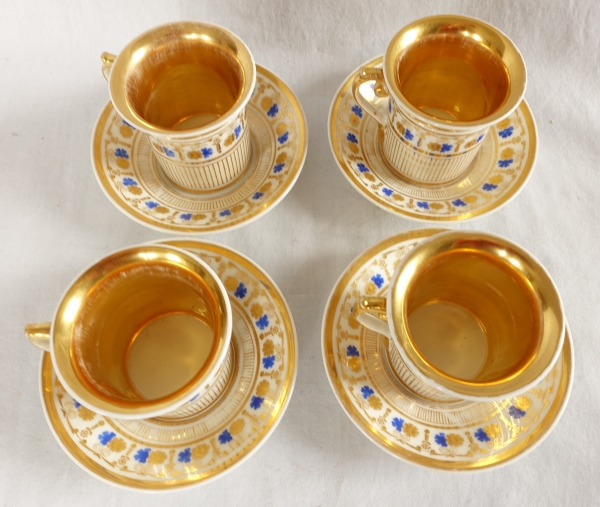 Service à café complet pour 8, porcelaine dorée et bleue, époque Empire Restauration - 11 pièces