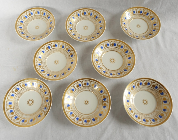 Service à café complet pour 8, porcelaine dorée et bleue, époque Empire Restauration - 11 pièces