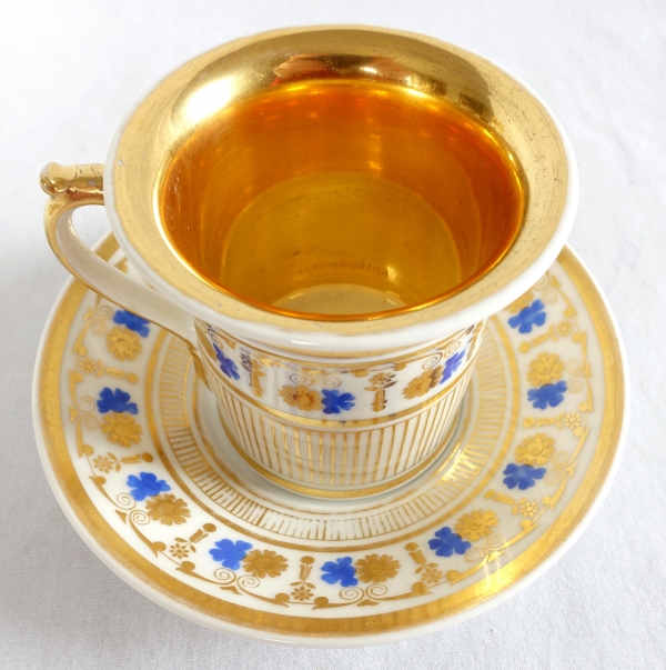 Service à café complet pour 8, porcelaine dorée et bleue, époque Empire Restauration - 11 pièces