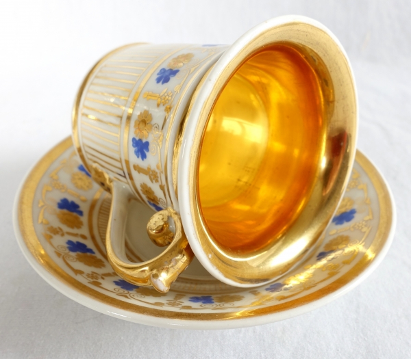 Service à café complet pour 8, porcelaine dorée et bleue, époque Empire Restauration - 11 pièces