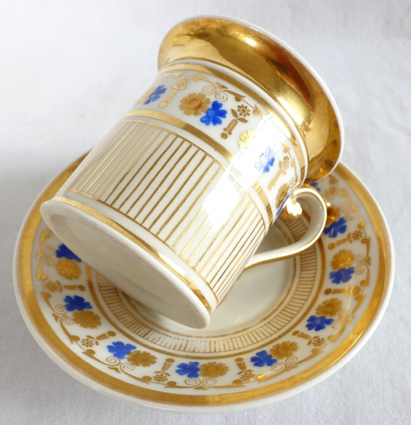 Service à café complet pour 8, porcelaine dorée et bleue, époque Empire Restauration - 11 pièces