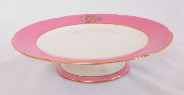 Jullien Fils Aîné : service à dessert en porcelaine de Paris, marli rose, monogramme AC, époque XIXe siècle - signé