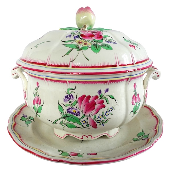 Soupière et son dormant en faïence de Lunéville polychrome, décor réverbère - signée 