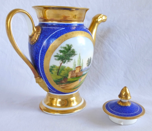 Verseuse / théière Empire à décor bleu et or en porcelaine de Paris, époque Restauration