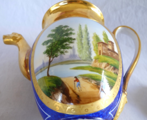 Verseuse / théière Empire à décor bleu et or en porcelaine de Paris, époque Restauration
