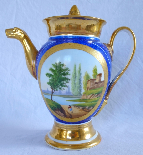 Verseuse / théière Empire à décor bleu et or en porcelaine de Paris, époque Restauration