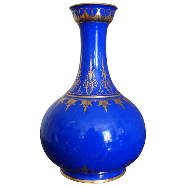 Sevres Manufacture : blue porcelain vase enhanced with fine gold - signed, dated 1861