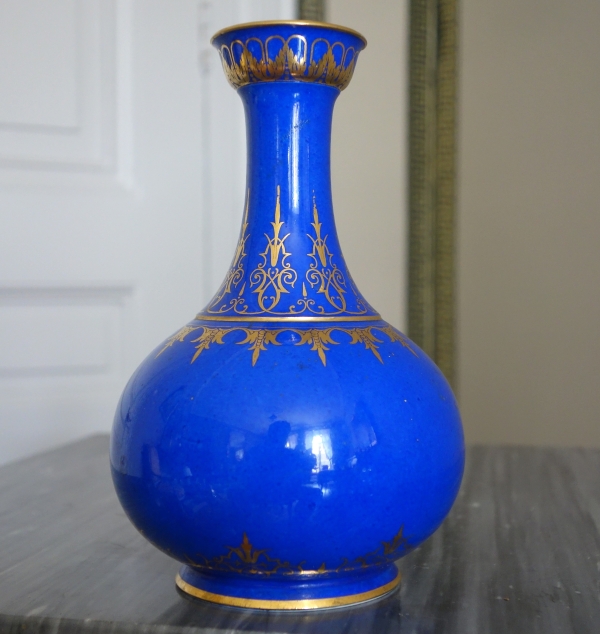 Sevres Manufacture : blue porcelain vase enhanced with fine gold - signed, dated 1861