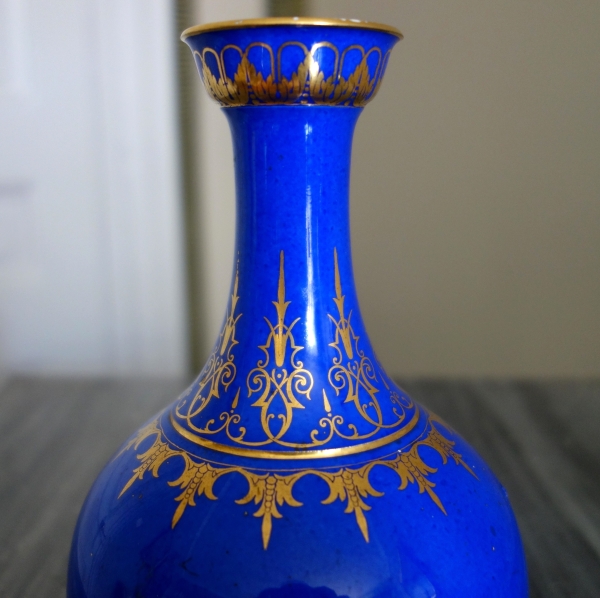 Sevres Manufacture : blue porcelain vase enhanced with fine gold - signed, dated 1861