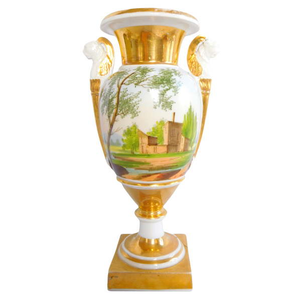Empire Paris porcelain vase, Italian landscapes, lion-shaped handles, early 19th century