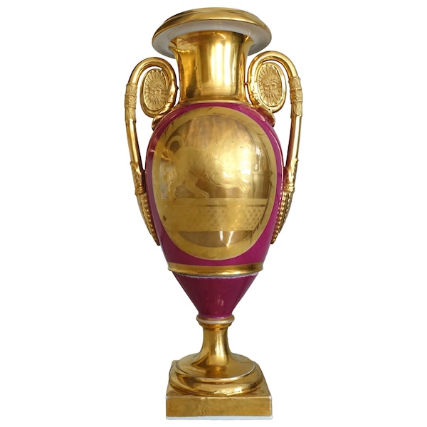 Empire Paris porcelain ornamental vase enhanced with fine gold, purple backgrounf