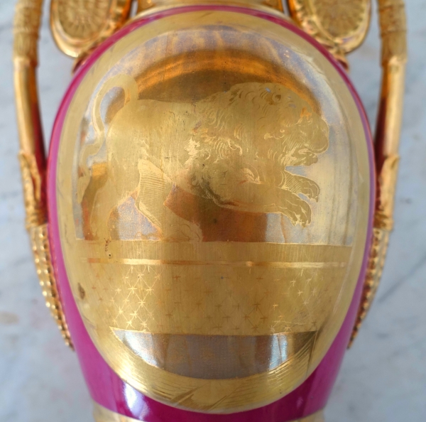 Empire Paris porcelain ornamental vase enhanced with fine gold, purple backgrounf