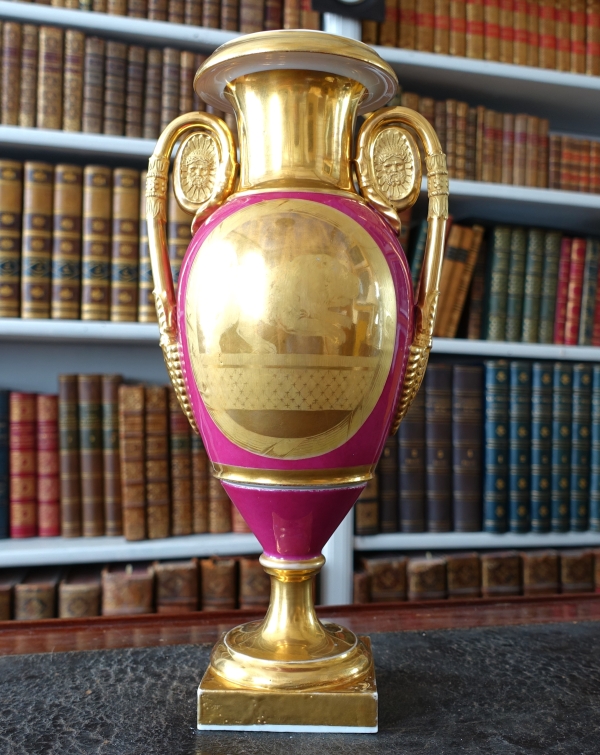 Empire Paris porcelain ornamental vase enhanced with fine gold, purple backgrounf