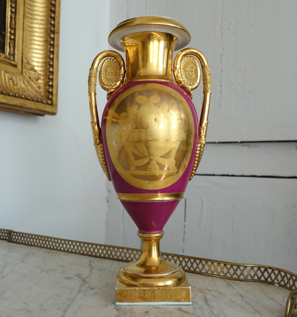 Empire Paris porcelain ornamental vase enhanced with fine gold, purple backgrounf