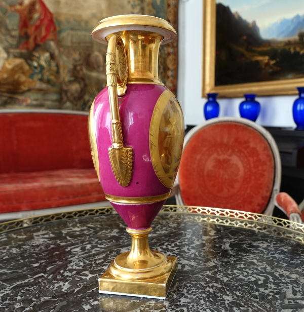 Empire Paris porcelain ornamental vase enhanced with fine gold, purple backgrounf