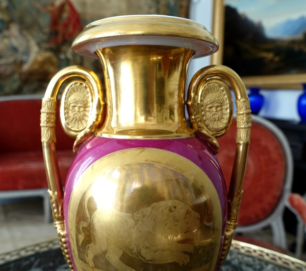 Empire Paris porcelain ornamental vase enhanced with fine gold, purple backgrounf