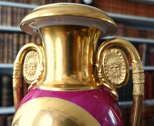 Empire Paris porcelain ornamental vase enhanced with fine gold, purple backgrounf
