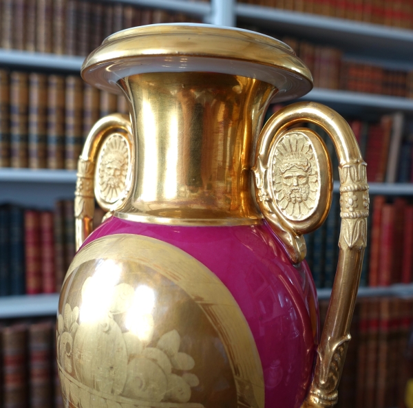 Empire Paris porcelain ornamental vase enhanced with fine gold, purple backgrounf