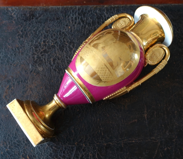 Empire Paris porcelain ornamental vase enhanced with fine gold, purple backgrounf