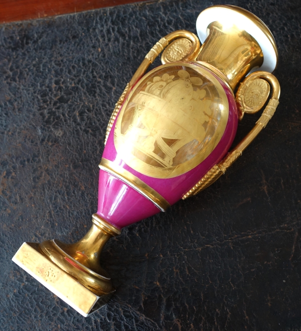 Empire Paris porcelain ornamental vase enhanced with fine gold, purple backgrounf