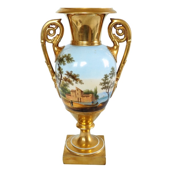 Vase Empire à paysage tournant en porcelaine de Paris, début XIXe siècle - 30cm