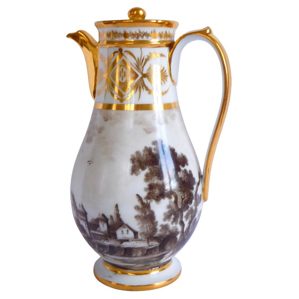 Verseuse / cafetière en porcelaine de Locré grisaille et or, époque Directoire - fin XVIIIe siècle