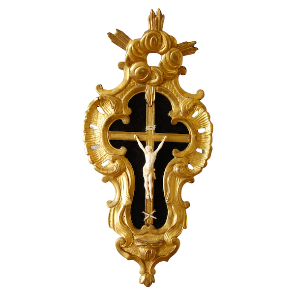 Ivory Christ, rich Louis XV gold leaf gilt wood frame, mid 18th century
