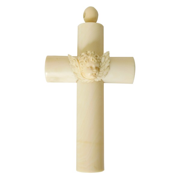 Croix de berceau en ivoire, décor tête d'angelot, cadeau de baptême - 14,5cm