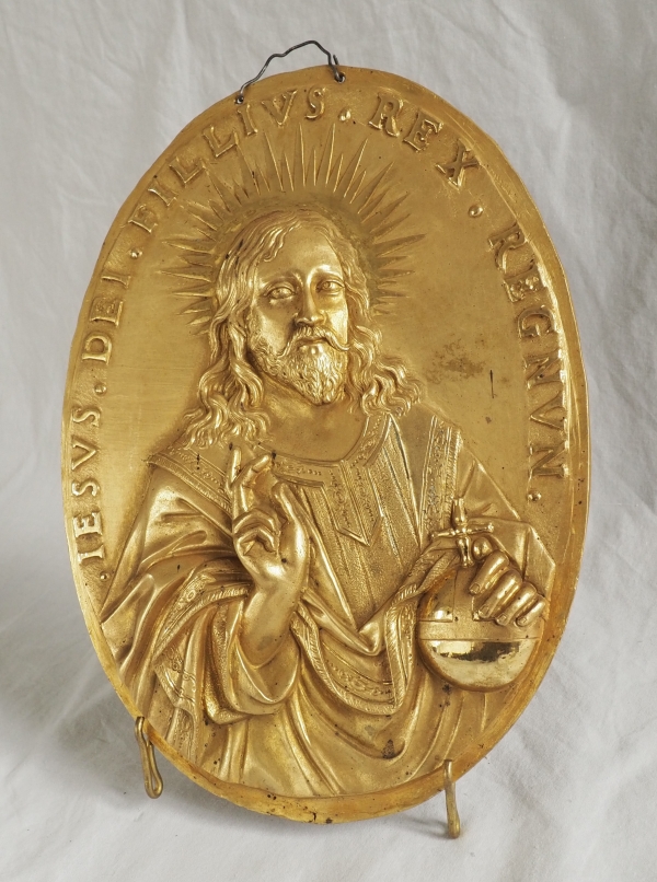 Paire de plaques de dévotion Louis XIV - Jésus et Sainte Vierge en bronze ciselé & doré au mercure
