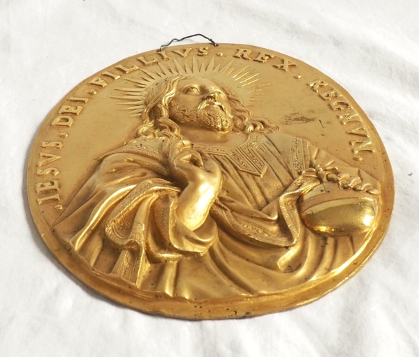 Paire de plaques de dévotion Louis XIV - Jésus et Sainte Vierge en bronze ciselé & doré au mercure