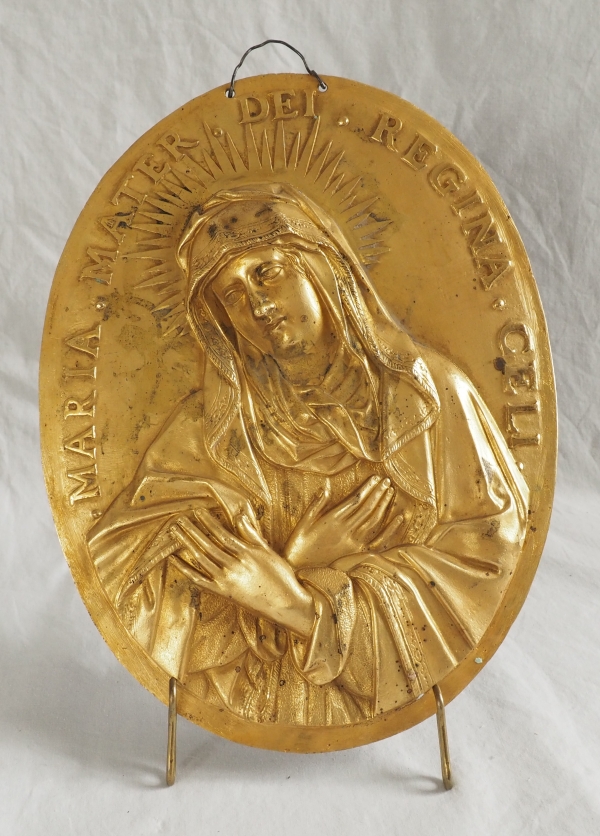 Paire de plaques de dévotion Louis XIV - Jésus et Sainte Vierge en bronze ciselé & doré au mercure