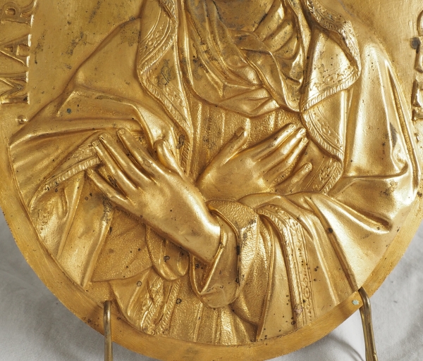 Paire de plaques de dévotion Louis XIV - Jésus et Sainte Vierge en bronze ciselé & doré au mercure