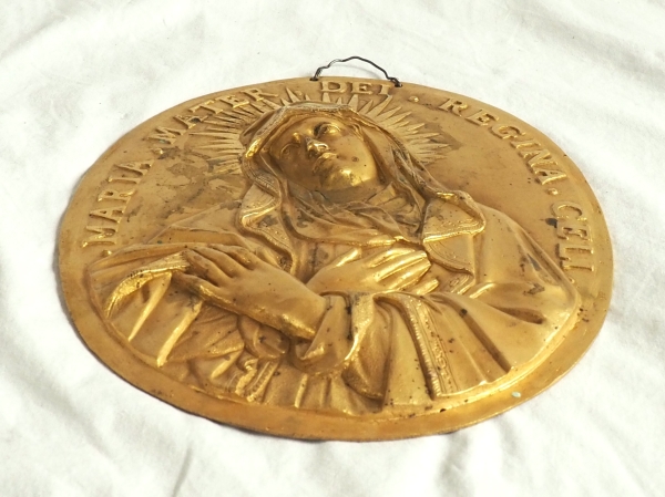 Paire de plaques de dévotion Louis XIV - Jésus et Sainte Vierge en bronze ciselé & doré au mercure