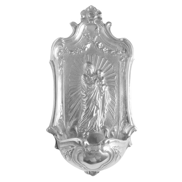 Bénitier de style Louis XV en argent massif à la Vierge à l'Enfant, poinçon Minerve