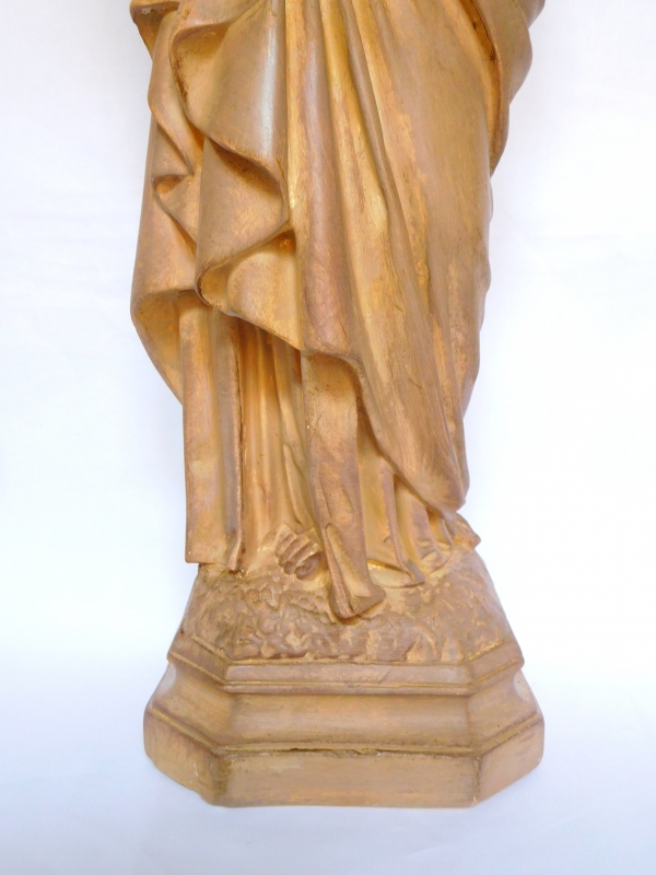 Virgin Mary and Jesus Child sculpture, grande statue XIXe en plâtre patiné terre cuite