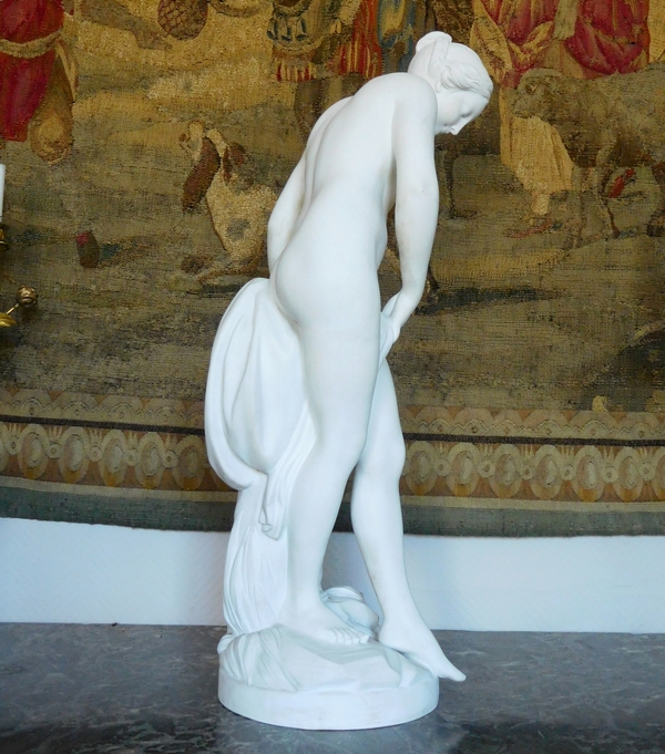 Tall porcelain biscuit statue, The Bather, after Falconet - 67cm