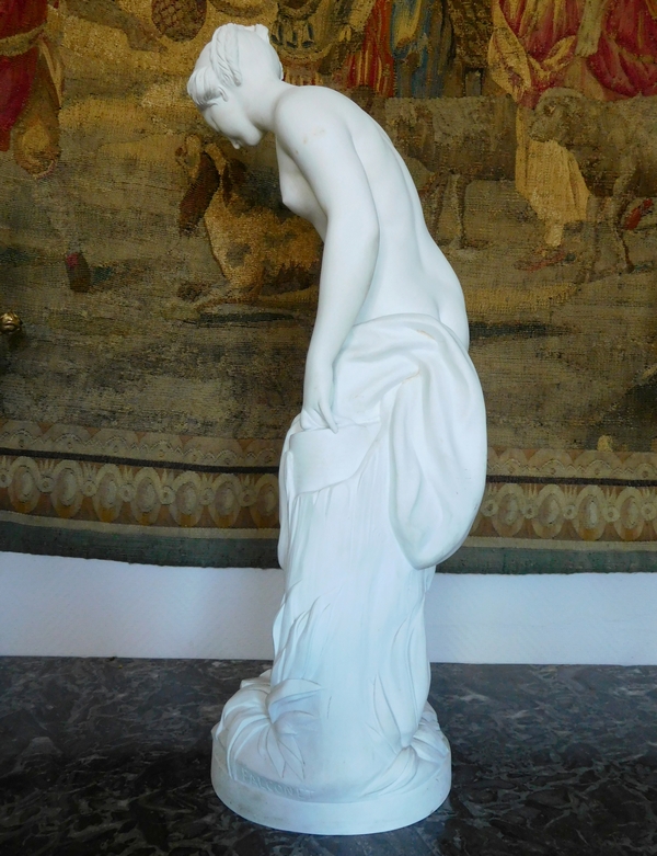 Tall porcelain biscuit statue, The Bather, after Falconet - 67cm