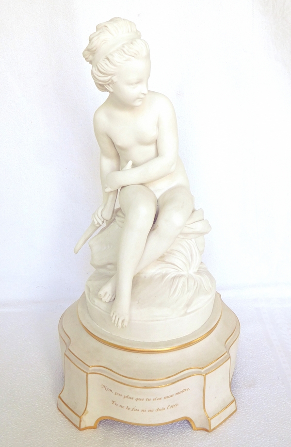 Sèvres : little girl hiding the bow of love, porcelain biscuit after Falconet - signed, 1899