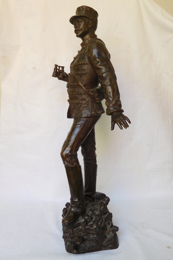 Charles Anfrie : tall Hussar officer bronze statue - 64 cm
