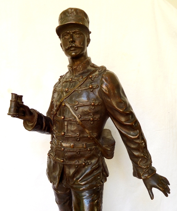 Charles Anfrie : tall Hussar officer bronze statue - 64 cm