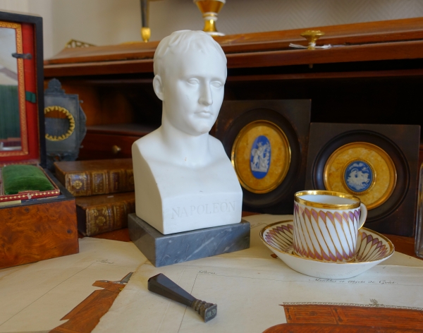 Bust of Napoleon Emperor as Hermes after Chaudet, porcelain biscuit on a Turquin blue marble base