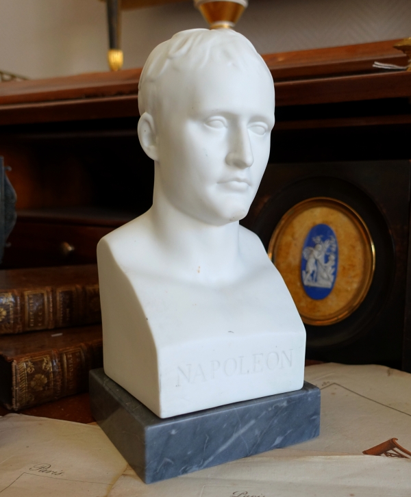 Bust of Napoleon Emperor as Hermes after Chaudet, porcelain biscuit on a Turquin blue marble base