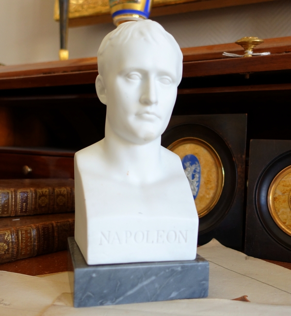 Bust of Napoleon Emperor as Hermes after Chaudet, porcelain biscuit on a Turquin blue marble base