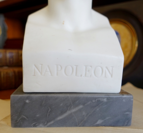 Bust of Napoleon Emperor as Hermes after Chaudet, porcelain biscuit on a Turquin blue marble base