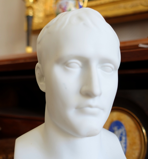 Bust of Napoleon Emperor as Hermes after Chaudet, porcelain biscuit on a Turquin blue marble base