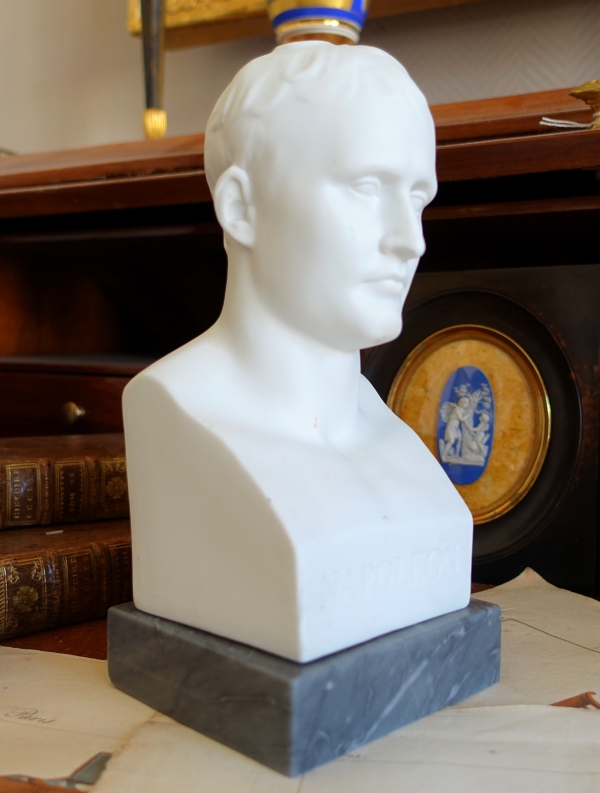 Bust of Napoleon Emperor as Hermes after Chaudet, porcelain biscuit on a Turquin blue marble base